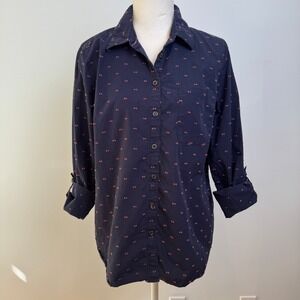 Maeve Anthropologie Button Up Shirt Womens 6 Navy Cotton Embroidered Boho Preppy